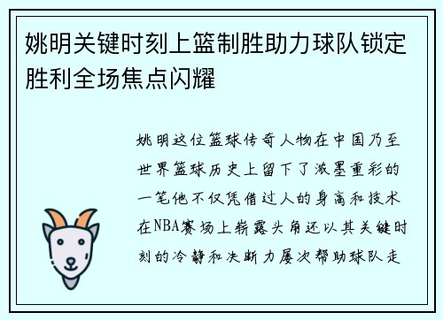 姚明关键时刻上篮制胜助力球队锁定胜利全场焦点闪耀